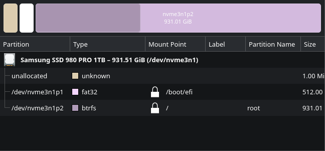 Diagram showing a 1 GiB EFI partition and a larger Linux root partition on NVMe