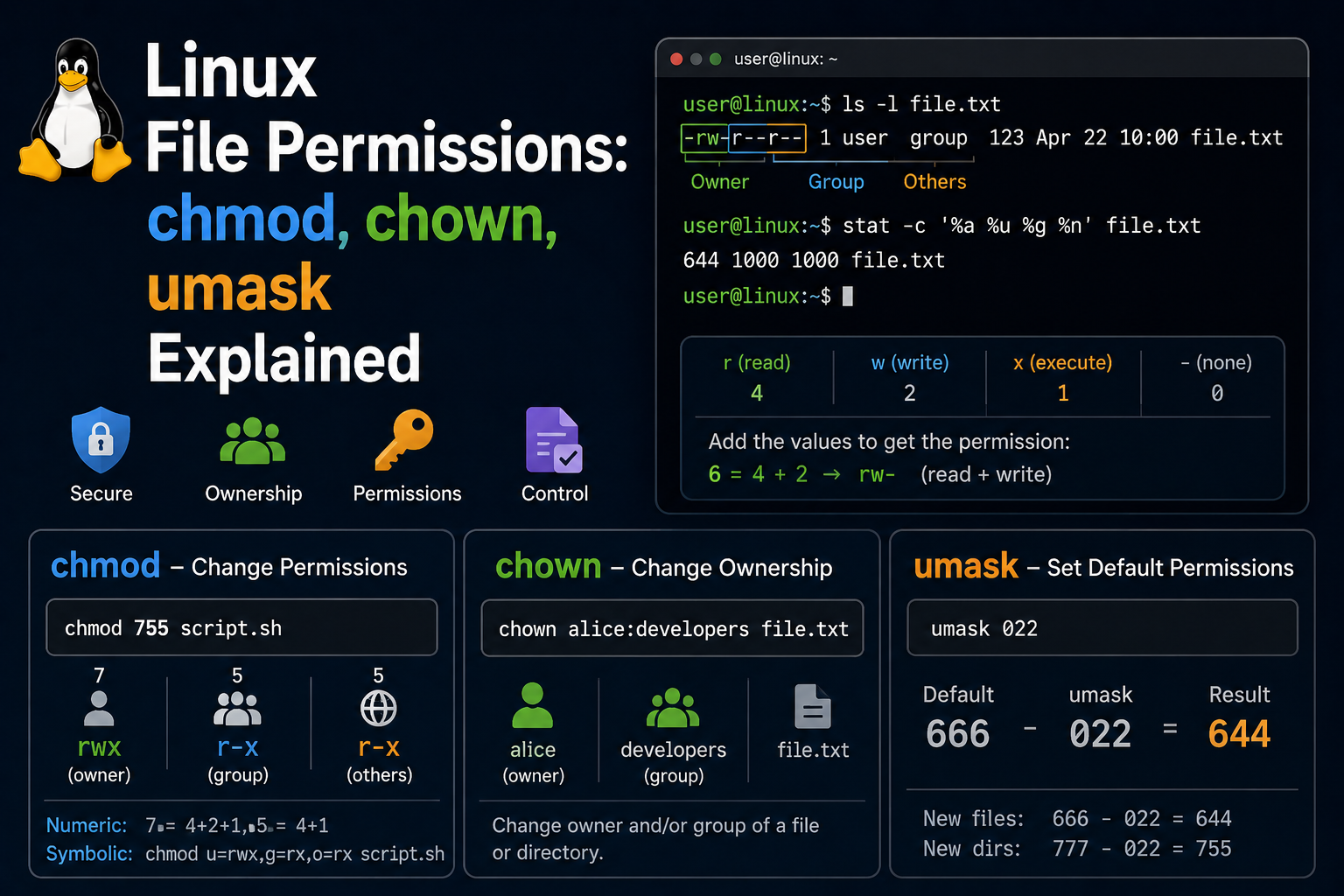 Linux File Permissions: chmod, chown, umask Explained