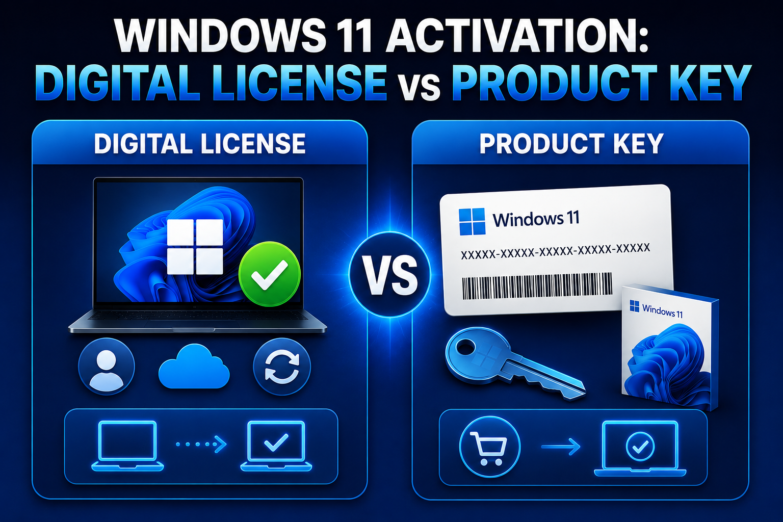 Windows 11 Activation: Digital License vs Product Key vs Activation Script.